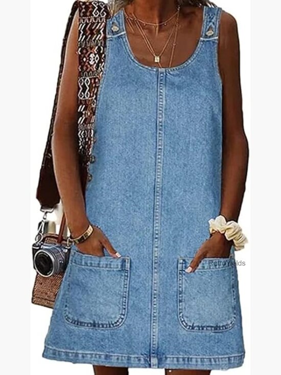 Dresses & Skirts - Sleeveless Denim Dress with Pockets Casual Loose Fit Mini Jean Overall